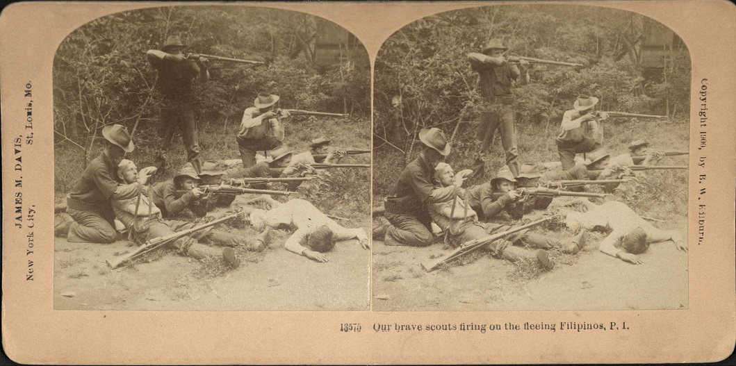 Our brave Scouts firing on the fleeing Filipinos, P. I.